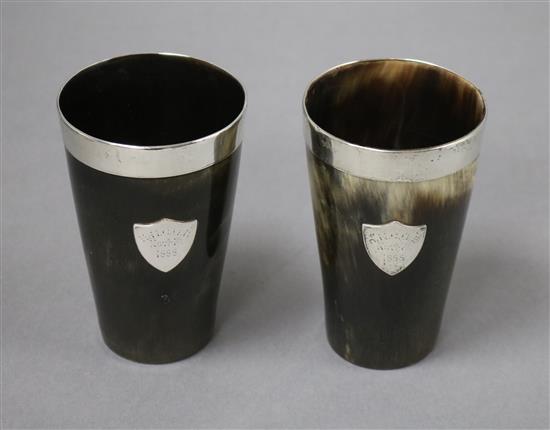 A pair of late Victorian silver mounted horn beakers, Atkin Brothers, Sheffield, 1887,